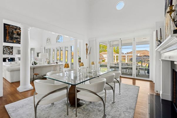 Dining room, Fireplace, Interior, Wood Texture Flooring