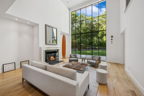 Fireplace, Interior, Living room, Recessed Lighting, Wood Texture Flooring