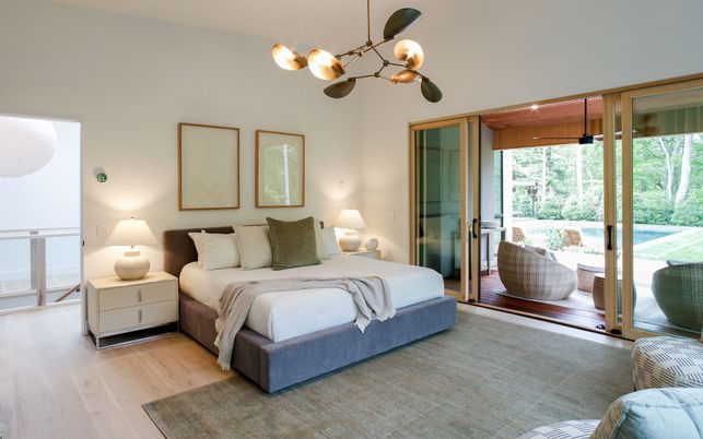 Bedroom, Interior, Pendant Lights, Wood Texture Flooring