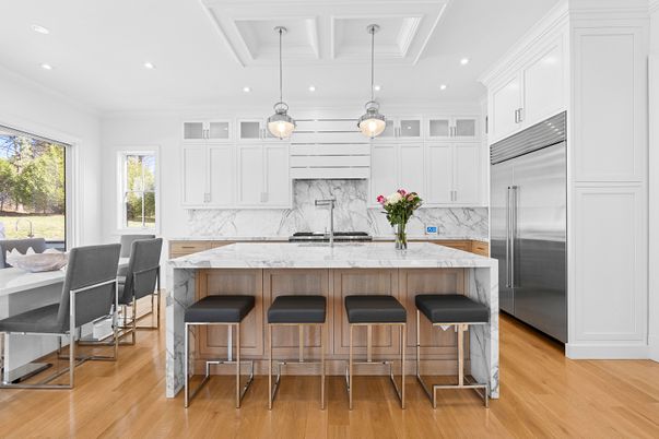 Interior, Kitchen, Marble Walls, Pendant Lights, Recessed Lighting, Stainless Steel Appliances, Wood Texture Flooring