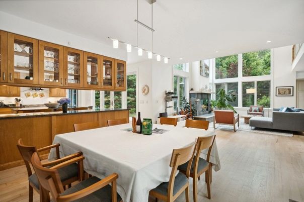 Dining room, Fireplace, Interior, Living room, Pendant Lights, Recessed Lighting, Wood Texture Flooring