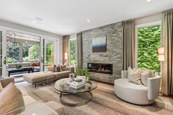 Fireplace, Interior, Living room, Recessed Lighting, Stone Walls, Wood Texture Flooring