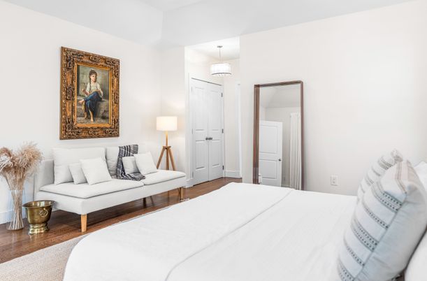 Bedroom, Interior, Pendant Lights, Wood Texture Flooring