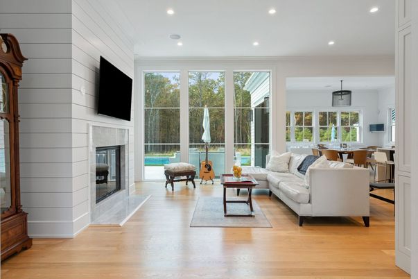 Dining room, Fireplace, Interior, Living room, Pendant Lights, Recessed Lighting, Wood Texture Flooring