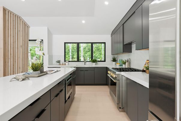 Interior, Kitchen, Recessed Lighting, Stainless Steel Appliances, Wood Texture Flooring