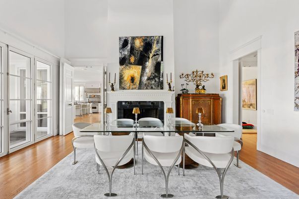 Dining room, Fireplace, Interior, Wood Texture Flooring