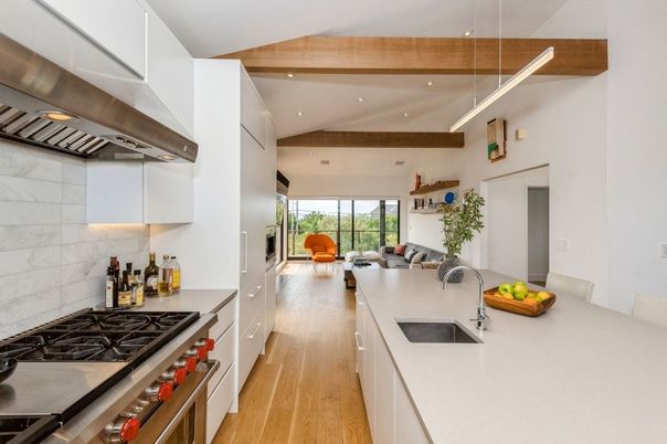 Interior, Kitchen, Living room, Recessed Lighting, Stainless Steel Appliances, Wooden Beams, Wood Texture Flooring