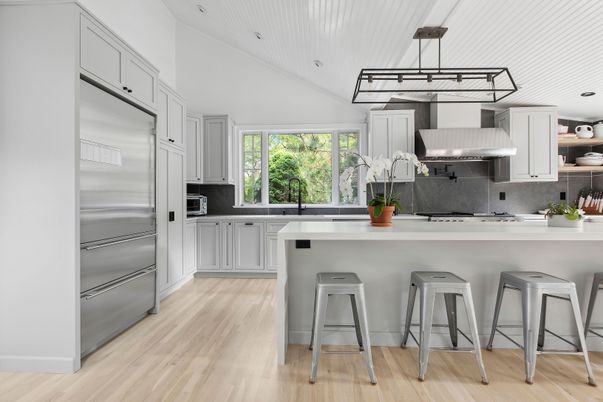 Interior, Kitchen, Pendant Lights, Stainless Steel Appliances, Wood Texture Flooring