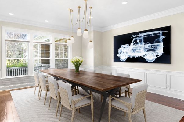 Dining room, Interior, Pendant Lights, Recessed Lighting, Wood Texture Flooring