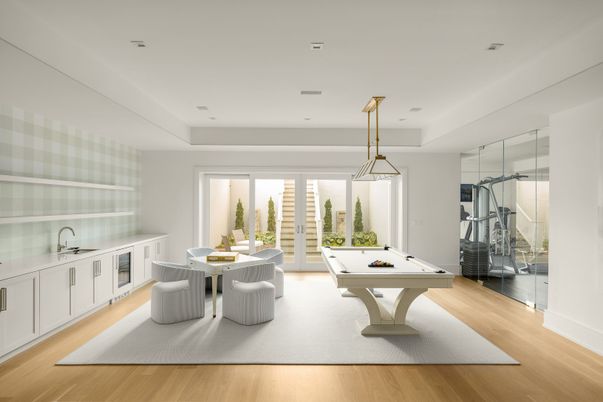 Billiard Table, Dining room, Game Room, Interior, Pendant Lights, Recessed Lighting, Wood Texture Flooring