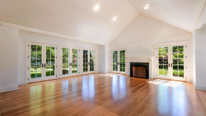 Empty room, Fireplace, Interior, Recessed Lighting, Wood Texture Flooring