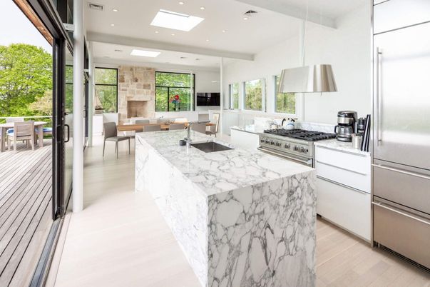 Dining room, Fireplace, Interior, Kitchen, Living room, Pendant Lights, Recessed Lighting, Stainless Steel Appliances, Wood Texture Flooring