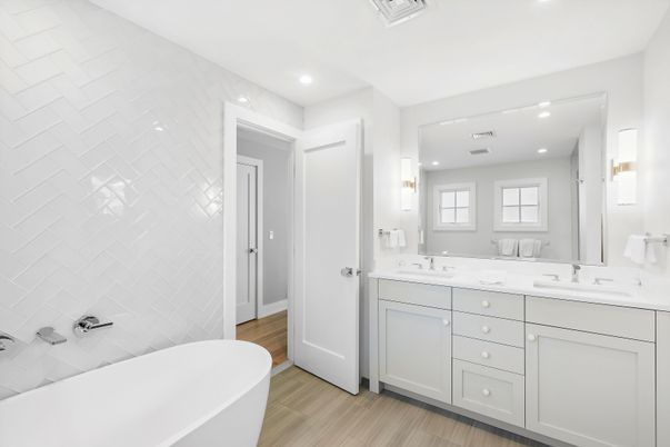 Bathroom, Dual Sink Vanities, Free Standing Baths, Interior, Recessed Lighting, Wood Texture Flooring