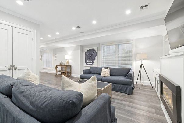 Fireplace, Interior, Living room, Recessed Lighting, Wood Texture Flooring