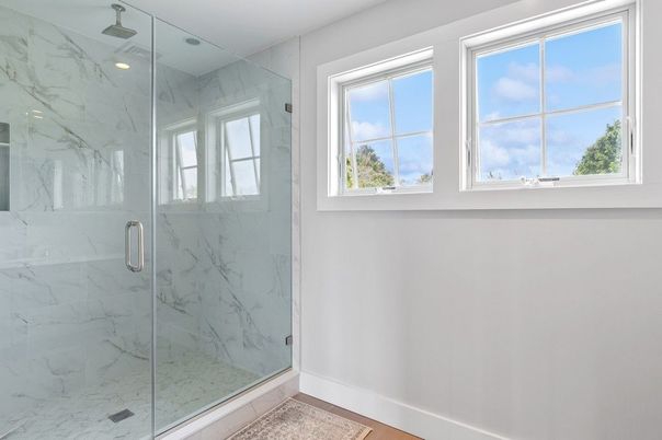Bathroom, Glass Shower, Interior, Marble Walls, Recessed Lighting