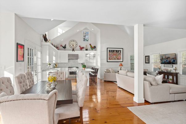 Dining room, Interior, Kitchen, Living room, Recessed Lighting, Wood Texture Flooring