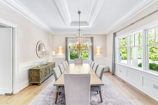 Chandelier, Dining room, Interior, Pendant Lights, Wood Texture Flooring