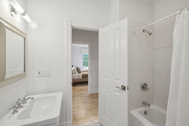 Bathroom, Dual Sink Vanities, Interior, Wood Texture Flooring