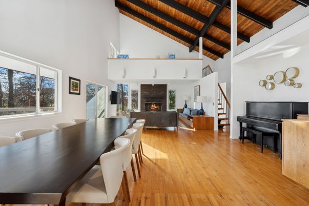 Dining room, Fireplace, Interior, Living room, Piano, Wooden Beams, Wooden Ceilings, Wood Texture Flooring