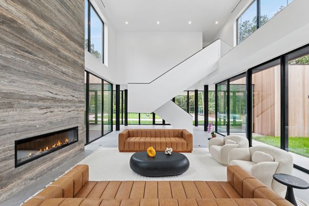 Fireplace, Interior, Living room, Recessed Lighting, Wood Texture Flooring