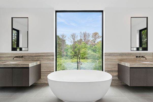 Bathroom, Dual Sink Vanities, Free Standing Baths, Interior, Wooden Walls