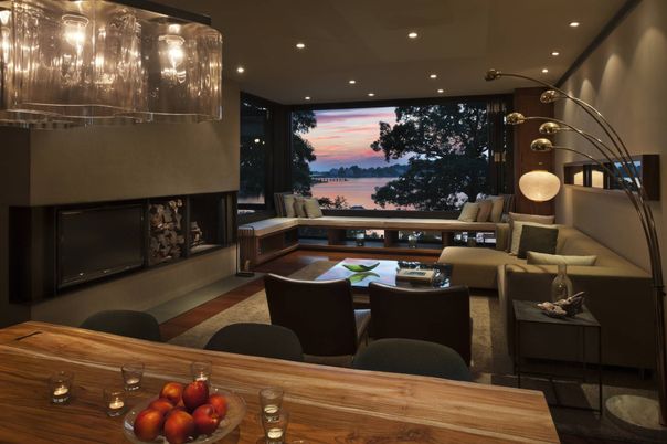 Fireplace, Interior, Living room, Recessed Lighting, Water