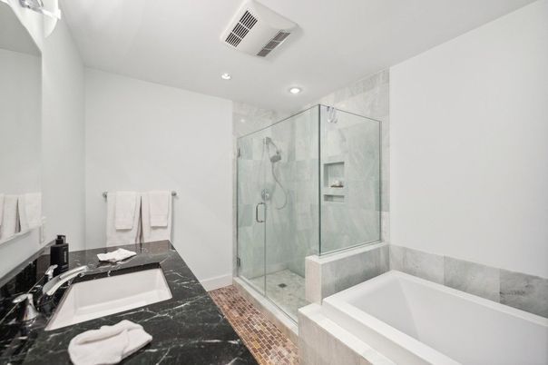 Bathroom, Glass Shower, Interior, Marble, Marble Walls, Recessed Lighting