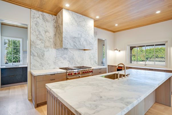 Interior, Kitchen, Marble Walls, Recessed Lighting, Wooden Ceilings