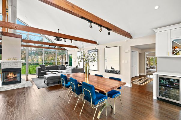 Dining room, Fireplace, Interior, Living room, Recessed Lighting, Wooden Beams, Wood Texture Flooring