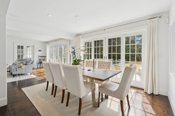 Dining room, Interior, Living room, Recessed Lighting, Wood Texture Flooring