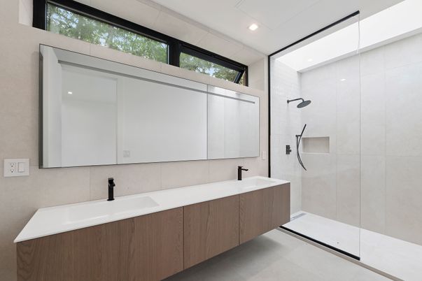 Bathroom, Dual Sink Vanities, Glass Shower, Interior, Recessed Lighting
