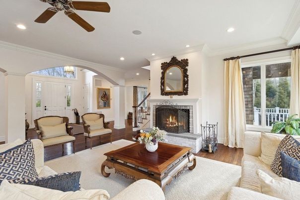 Fireplace, Interior, Living room, Recessed Lighting, Wood Texture Flooring