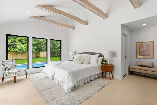 Bedroom, Interior, Recessed Lighting, Wooden Beams, Wood Texture Flooring