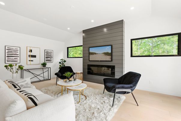 Fireplace, Interior, Living room, Recessed Lighting, Wood Texture Flooring