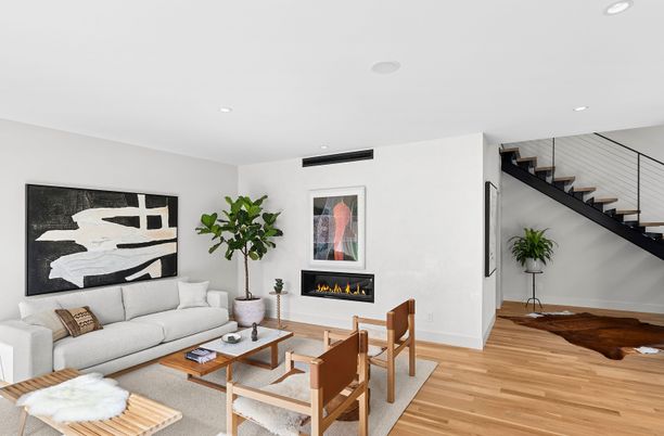 Fireplace, Interior, Living room, Recessed Lighting, Wood Texture Flooring