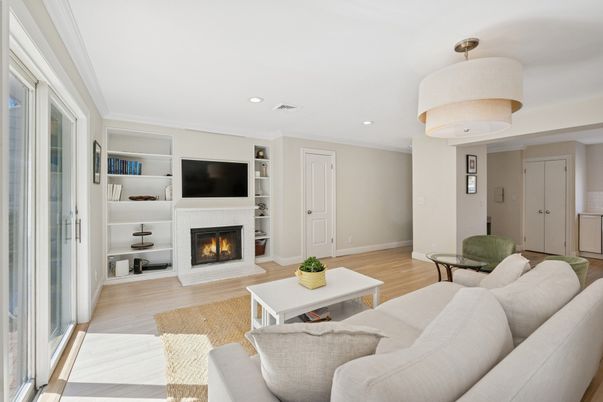 Fireplace, Interior, Living room, Recessed Lighting, Wood Texture Flooring