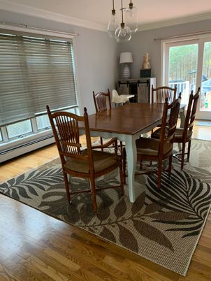 Dining room, Interior, Pendant Lights, Wood Texture Flooring