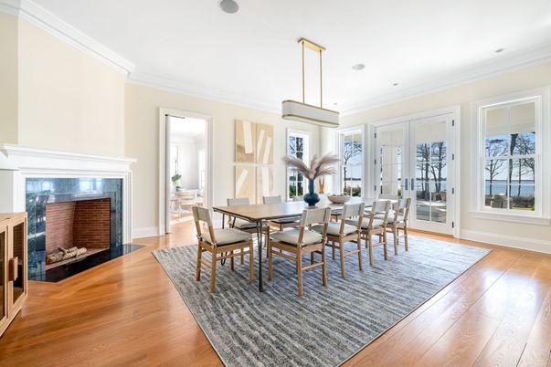 Dining room, Fireplace, Interior, Pendant Lights, Recessed Lighting, Wood Texture Flooring