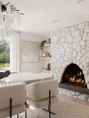 Fireplace, Interior, Recessed Lighting, Stone Walls