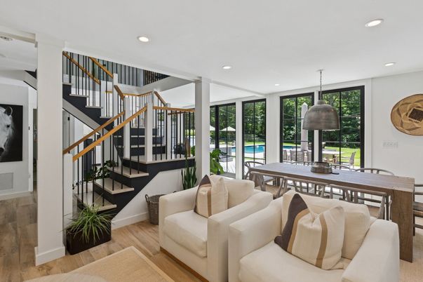Dining room, Interior, Living room, Pendant Lights, Recessed Lighting, Wood Texture Flooring