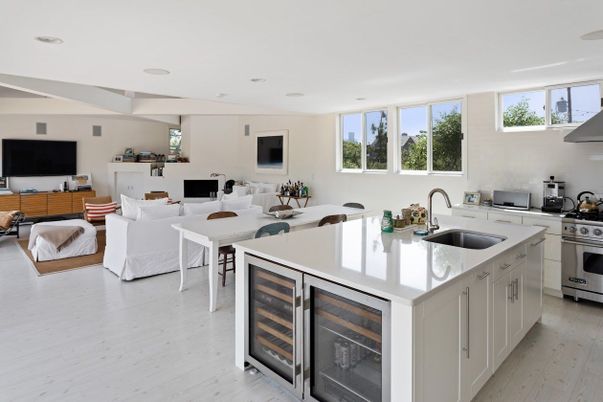 Dining room, Interior, Kitchen, Living room, Recessed Lighting, Stainless Steel Appliances, Wood Texture Flooring