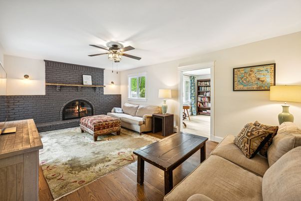 Fireplace, Interior, Living room, Stone Walls, Wood Texture Flooring