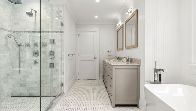 Bathroom, Dual Sink Vanities, Glass Shower, Interior, Marble Walls, Recessed Lighting