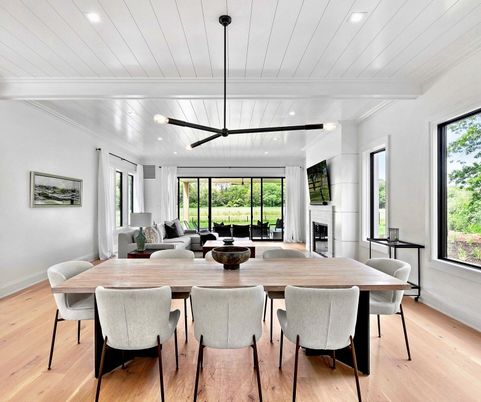 Dining room, Fireplace, Interior, Pendant Lights, Recessed Lighting, Wood Texture Flooring