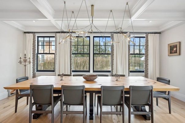 Dining room, Interior, Pendant Lights, Wood Texture Flooring