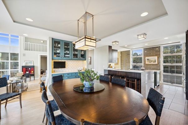 Dining room, Interior, Pendant Lights, Recessed Lighting, Wood Texture Flooring