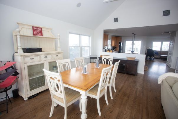 Dining room, Interior, Kitchen, Pendant Lights, Wood Texture Flooring