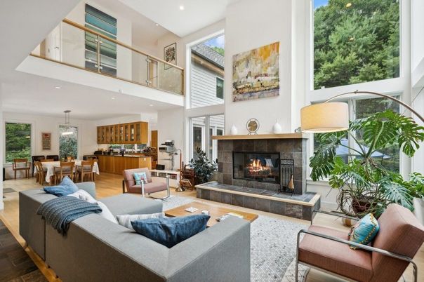 Dining room, Fireplace, Interior, Living room, Pendant Lights, Recessed Lighting, Wood Texture Flooring