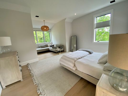 Bedroom, Interior, Pendant Lights, Recessed Lighting, Wood Texture Flooring