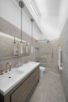 Bathroom, Dual Sink Vanities, Glass Shower, Interior, Pendant Lights